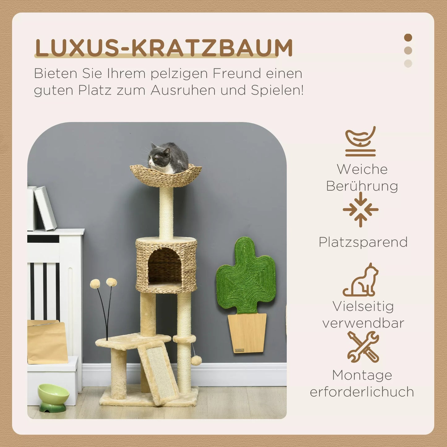 Cat scratching post with cat bed, resting platform, play ball, 45x40x116cm, brown/beige