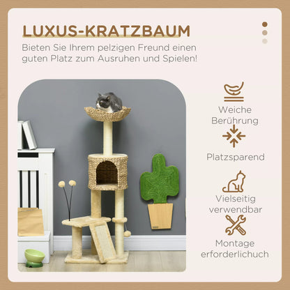 Cat scratching post with cat bed, resting platform, play ball, 45x40x116cm, brown/beige