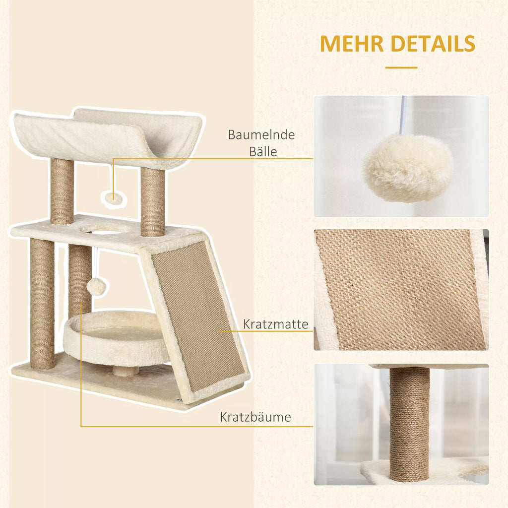 Kaķu skrāpēšanas stabs ar rotaļlietu un kaķu gultu, 60 cm x 30 cm x 76 cm, krēmkrāsas + dabīgas krāsas