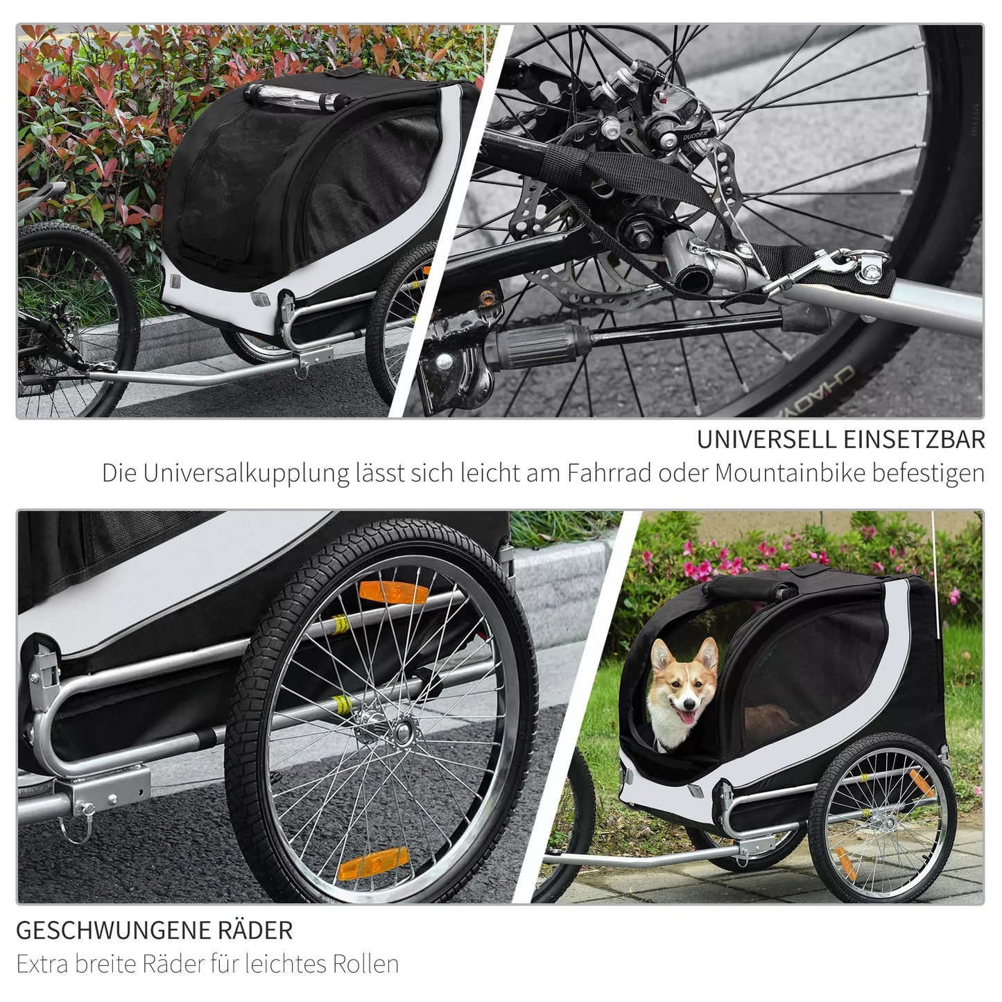 Velosipēda piekabe suņiem līdz 20 kg, sieta logs, sarullējams pārsegs, universāls savienotājs, balta+melna
