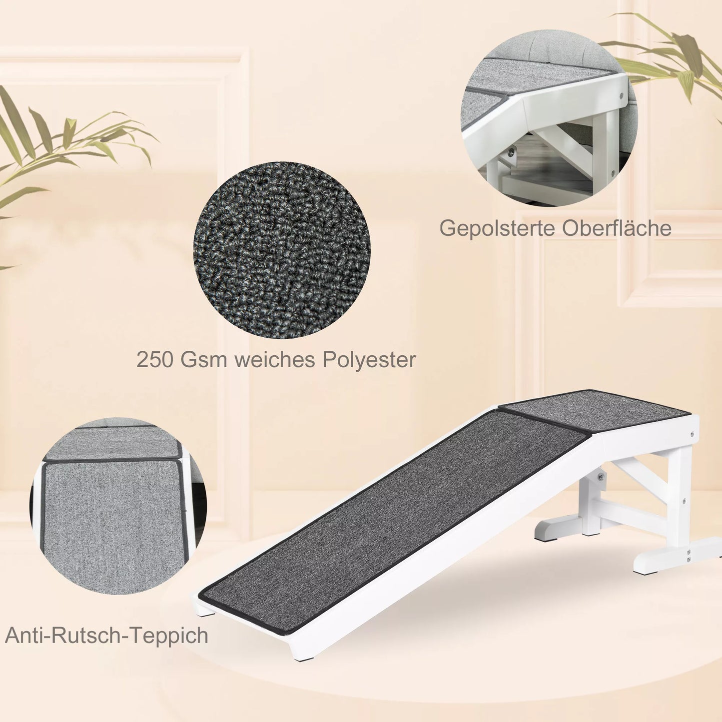 PawHut dzīvnieku rampa ar neslīdošu paklāju, 125 x 40 x 35,5 cm, priedes koksne