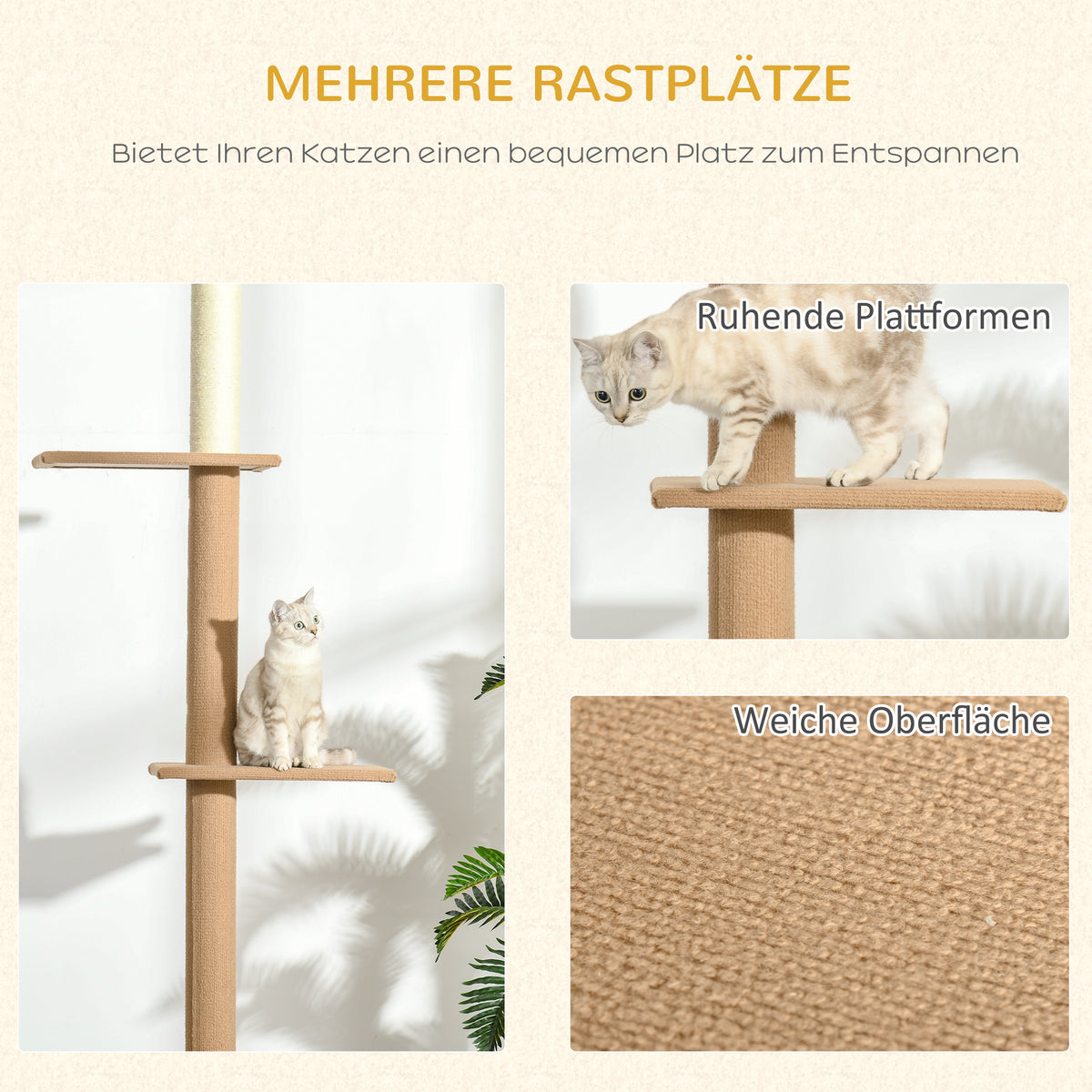 Draskyklė iki lubų 228–260 cm, reguliuojamo aukščio, su 4 platformomis, katėms iki 4 kg, chaki