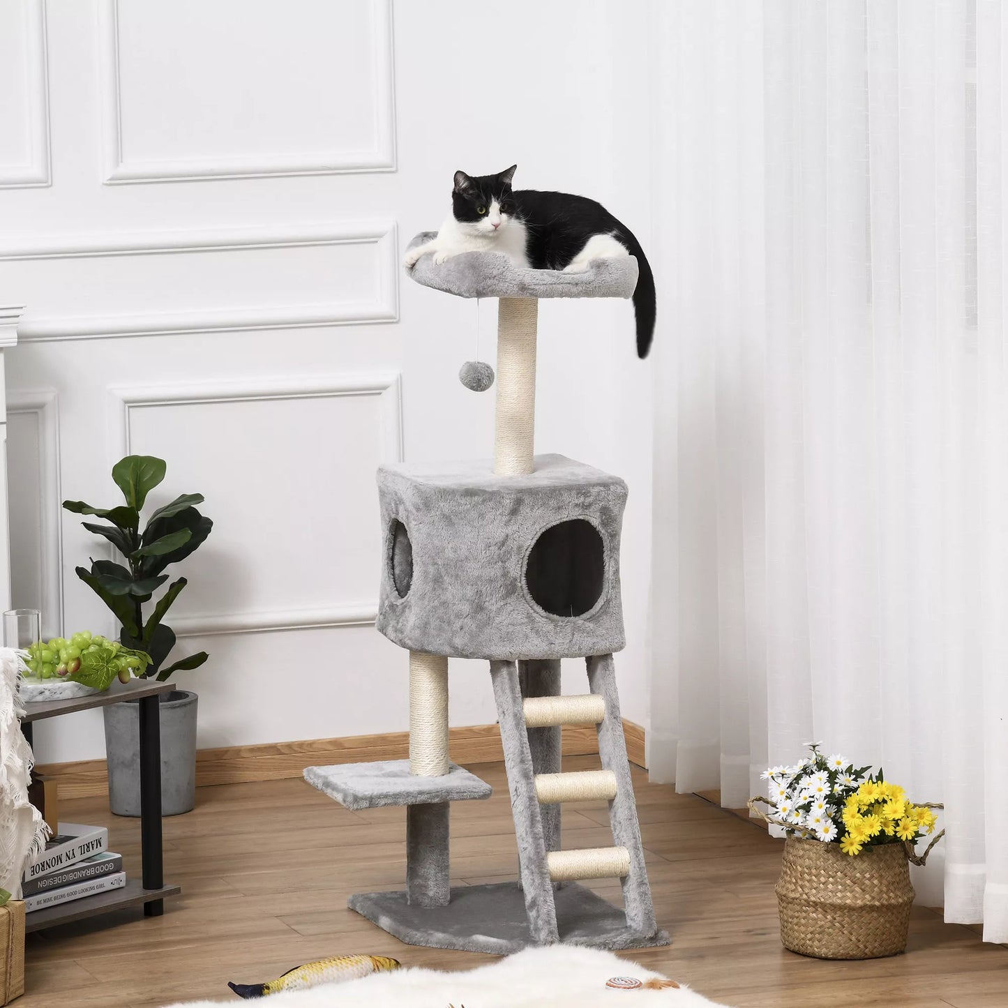 Cat tree 120 cm, Cat tower with cave, toy ball, sisal poles, platform, steps, multi-level cat scratching post, climbing tree for cats, light gray