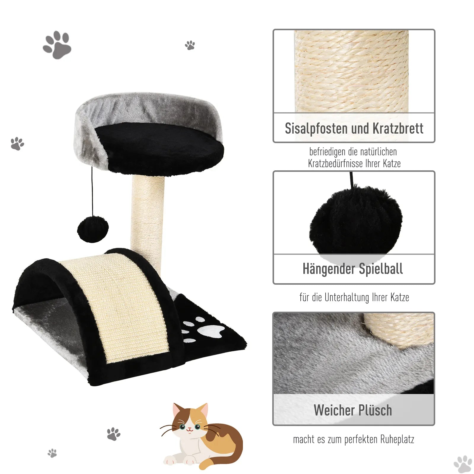 Kaķu skrāpējamais stabs ar rotaļu bumbām, ar sizala virves skrāpējamajiem stabiem, melns, 35,5 x 37 x 46 cm