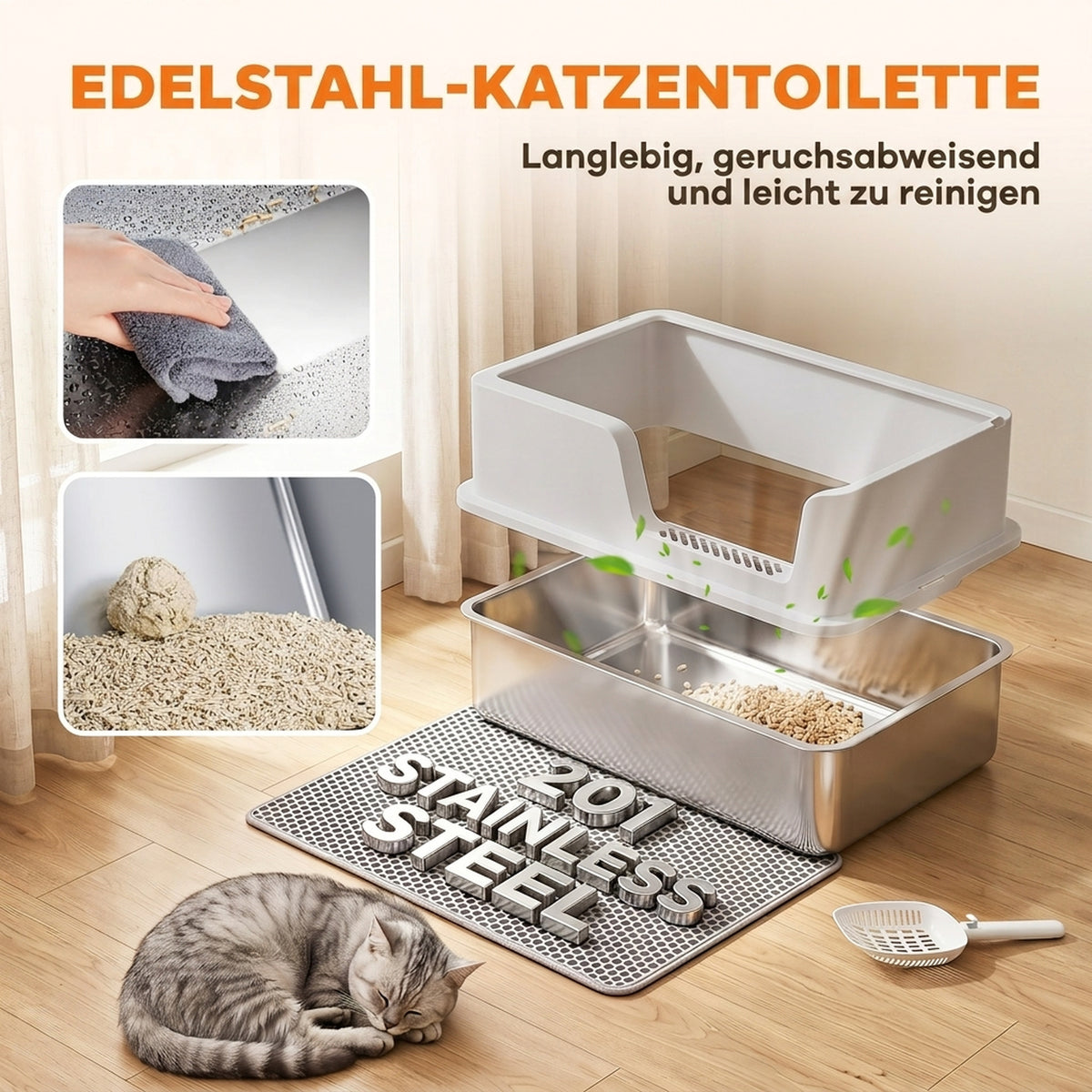 Pusiau uždaras kačių tualetas XL iš nerūdijančio plieno, 30 l, su kilimėliu ir semtuvėliu, iki 8 kg, šviesiai pilkas