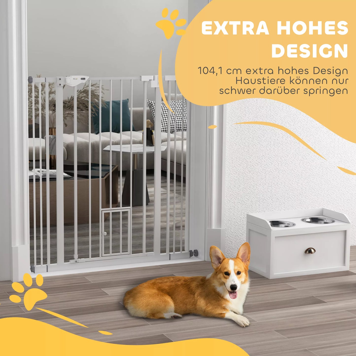 Suņu drošības vārtiņi, dubultā slēdzene, pašnoslēdzošas durvis, 104 cm augsti, tērauda, ​​balti