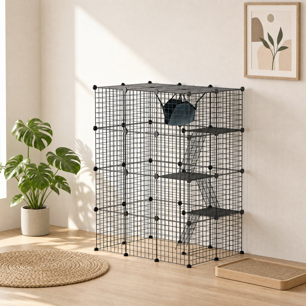 Narvas katėms 140 cm, 4 aukštų, iš 49 plokščių, su 5 durelėmis, hamaku, rampomis ir platformomis, juodas