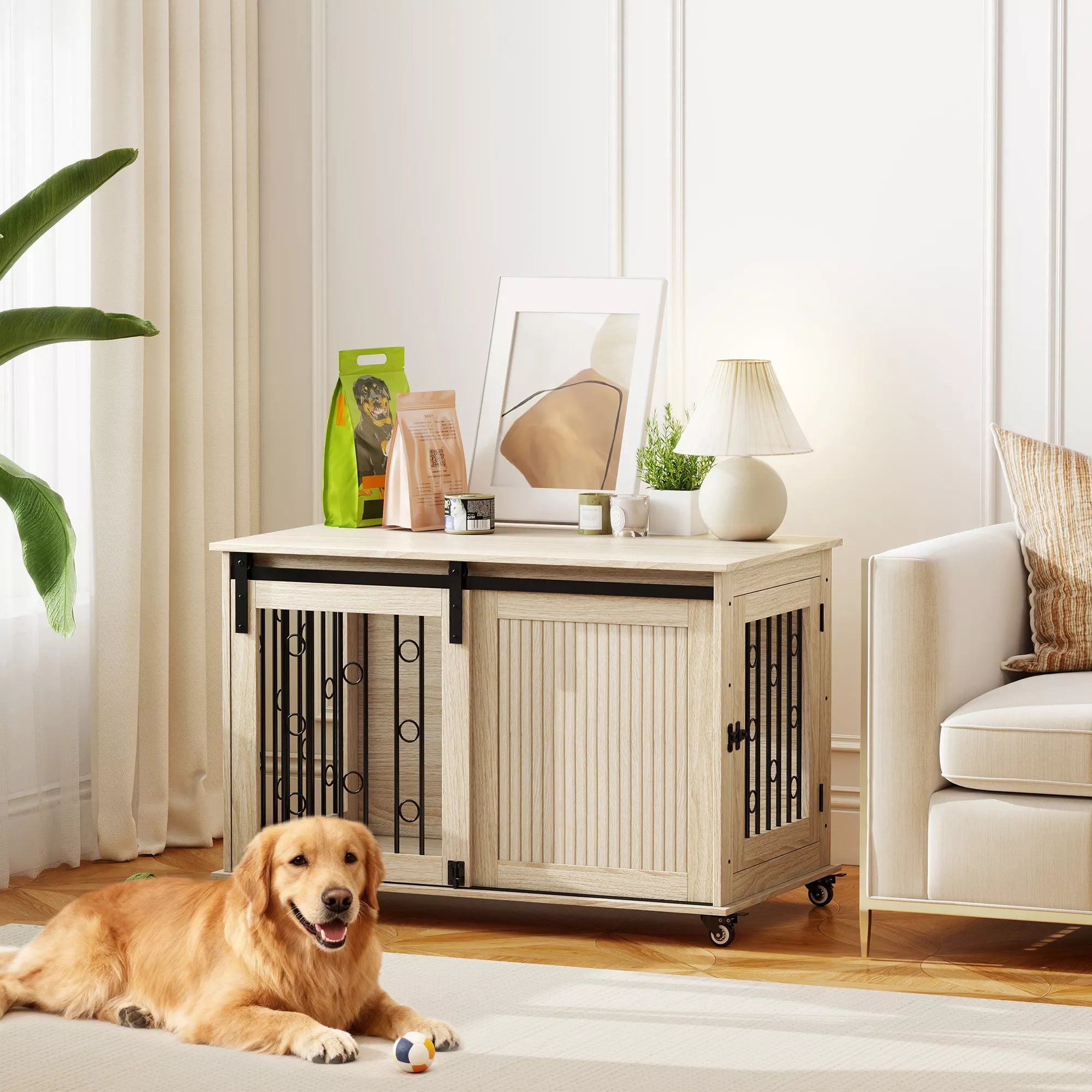 Šunų dėžė su ratukais, stumdomos durys, 100 x 56 x 65 cm, mediena, plienas