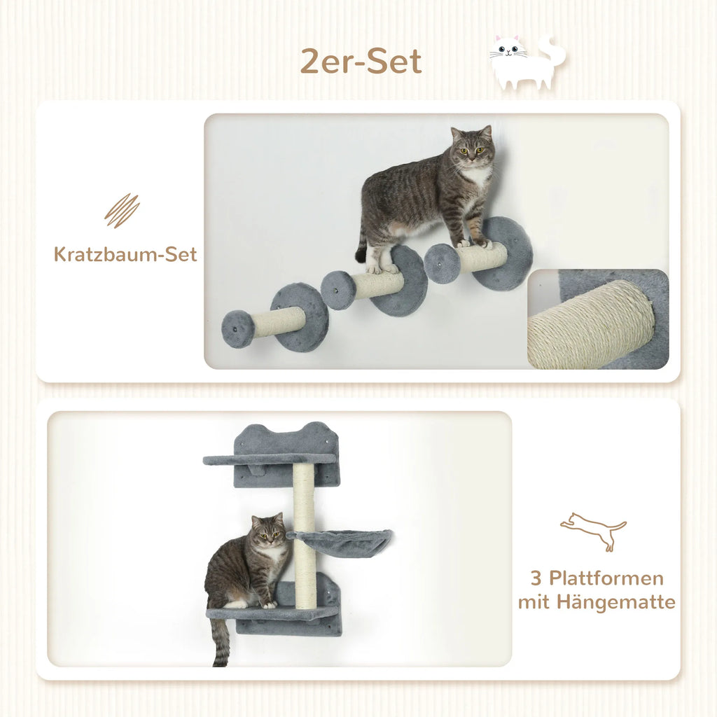 Kāpšanas pakāpieni, kāpšanas siena, kaķa pakāpieni, 4 daļu komplekts, ar skrāpējamo stabu, šūpuļtīkls, pelēks+krēmbalts, 40 x 28 x 73 cm