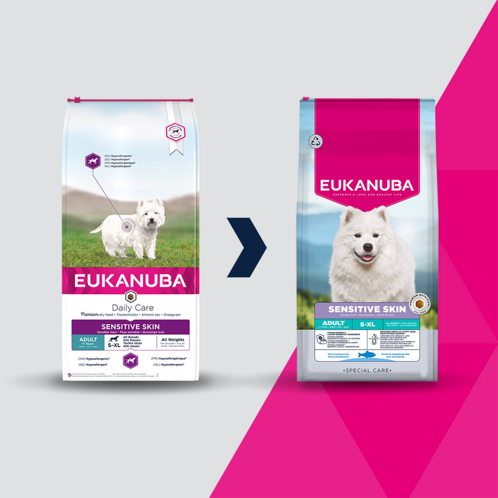 Eukanuba Special Care Sensitive skin sausas maistas šunims su žuvimi, AB, 12 kg atsinaujinusi pakuotė