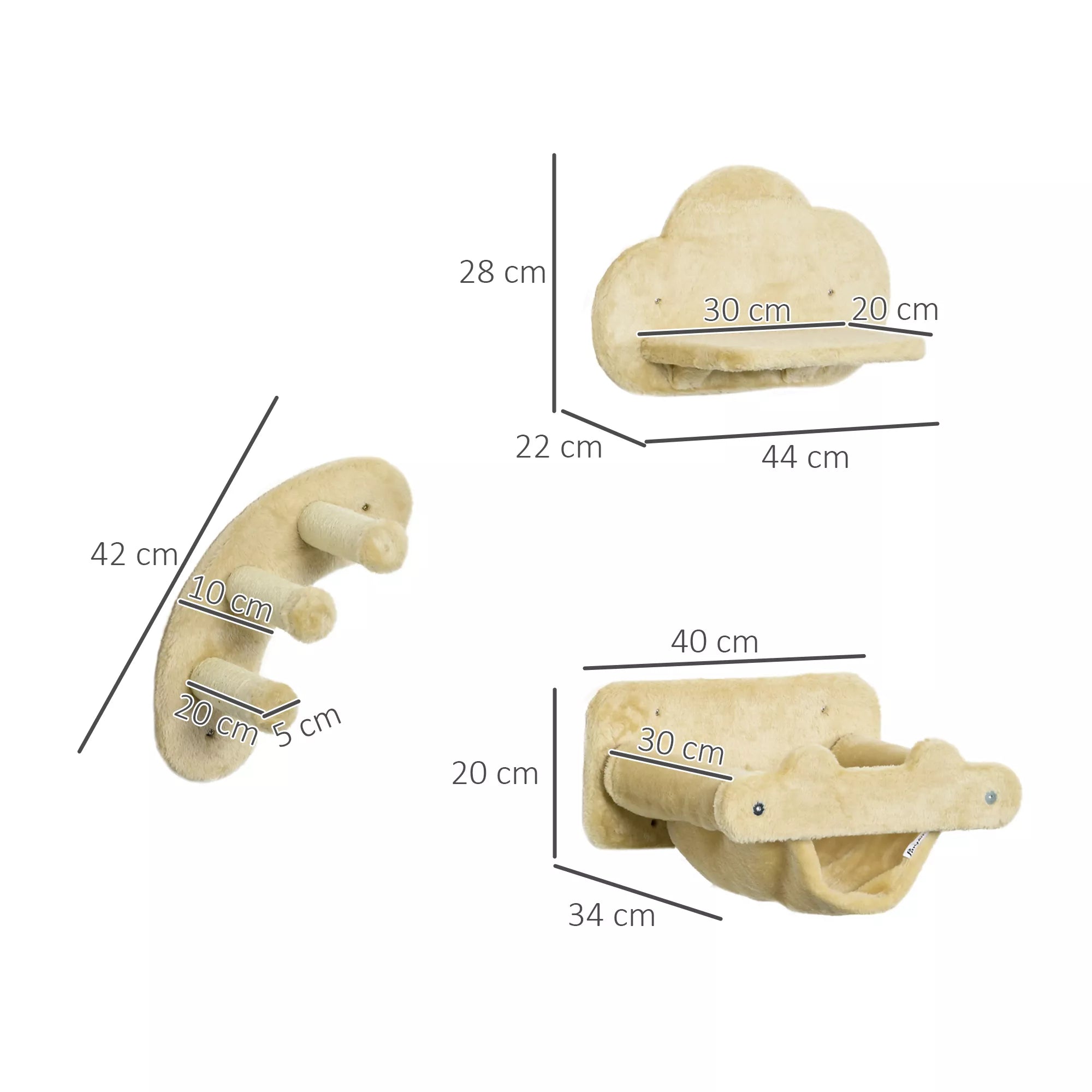 Kaķu kāpnes, 4 daļu komplekts, 3 pakāpienu kāpnes, 2 platformas, šūpuļtīkls, plīša pārvalks, bēšs