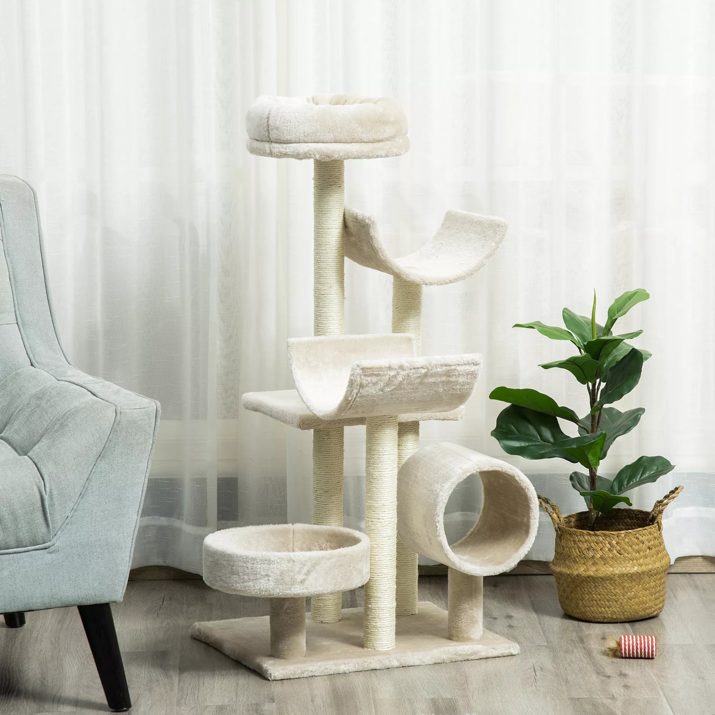 Kačių draskyklė Kačių medis Žaislinis tunelis, smėlio spalvos, 50x40x105 cm