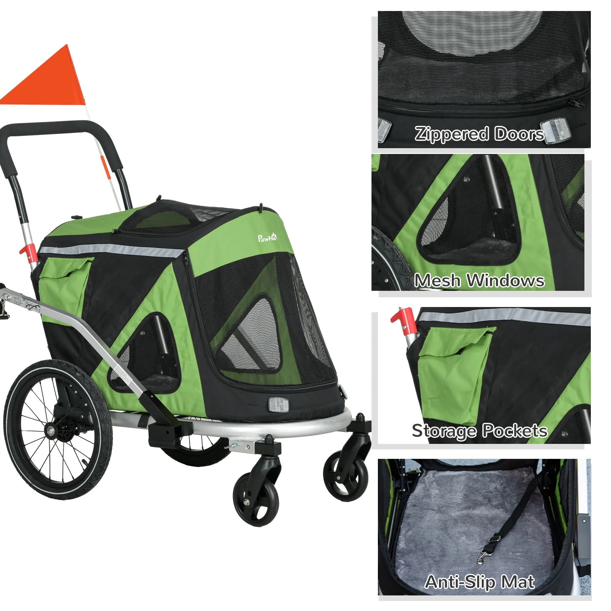 2-in-1 šunų vežimėlis Šunų bėgimo vežimėlis Dviračių priekaba iki 20 kg 2 atšvaitai 1 saugos virvė 150 x 68 x 95 cm Žalia