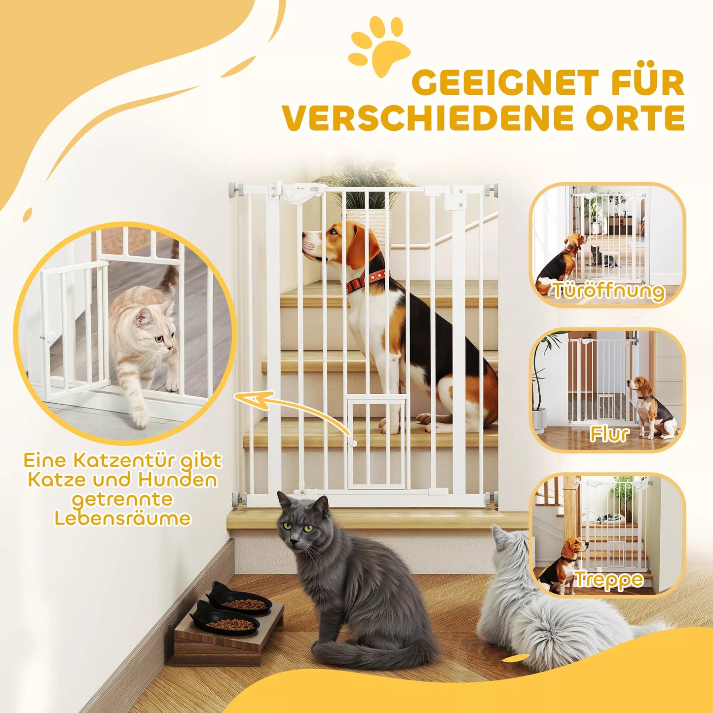 Drošības vārtiņi ar kaķu durvīm, uzstādīšana bez urbšanas, regulējams platums 74-80 cm, atveras ar vienu roku, metāla, balti