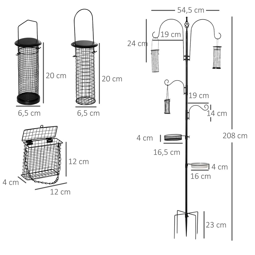 Paukščių lesyklos rinkinys iš plieno, aukštis 208 cm, su 4 kabliukais, paukščių girdykla, lesinimo lėkštė, pilnas lesalų stulpas, lesyklos stotis, juoda