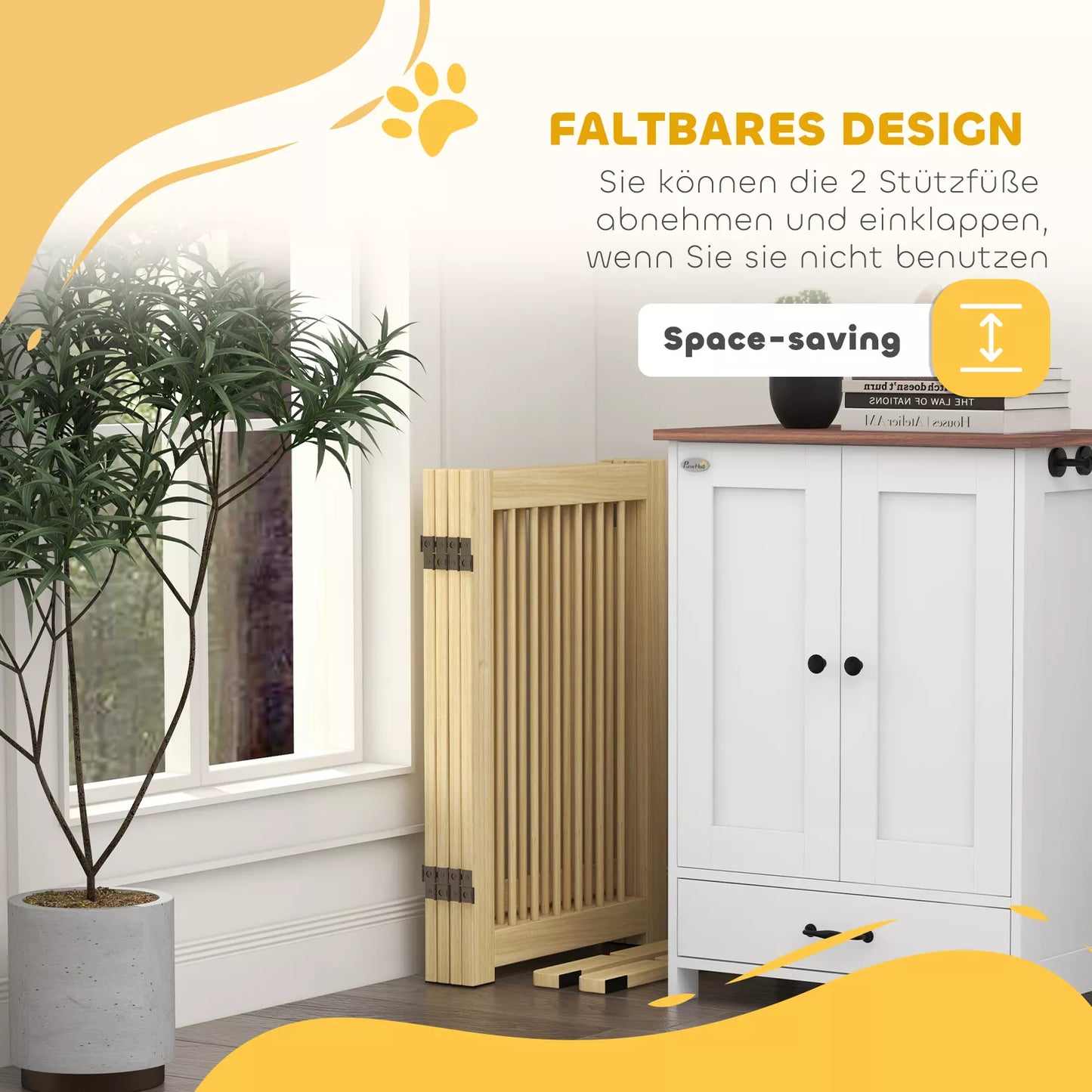 Brīvi stāvošs suņu žogs, 4 paneļi, elastīgs, priedes koks, 204 cm garums x 36 cm platums x 75 cm augstums, dabīgs koks