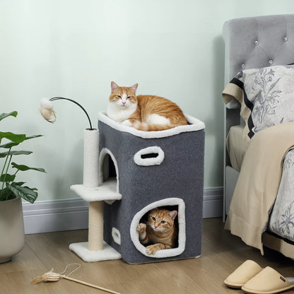 Cat scratching post, upper resting area, 2-storey house, sisal posts, grey