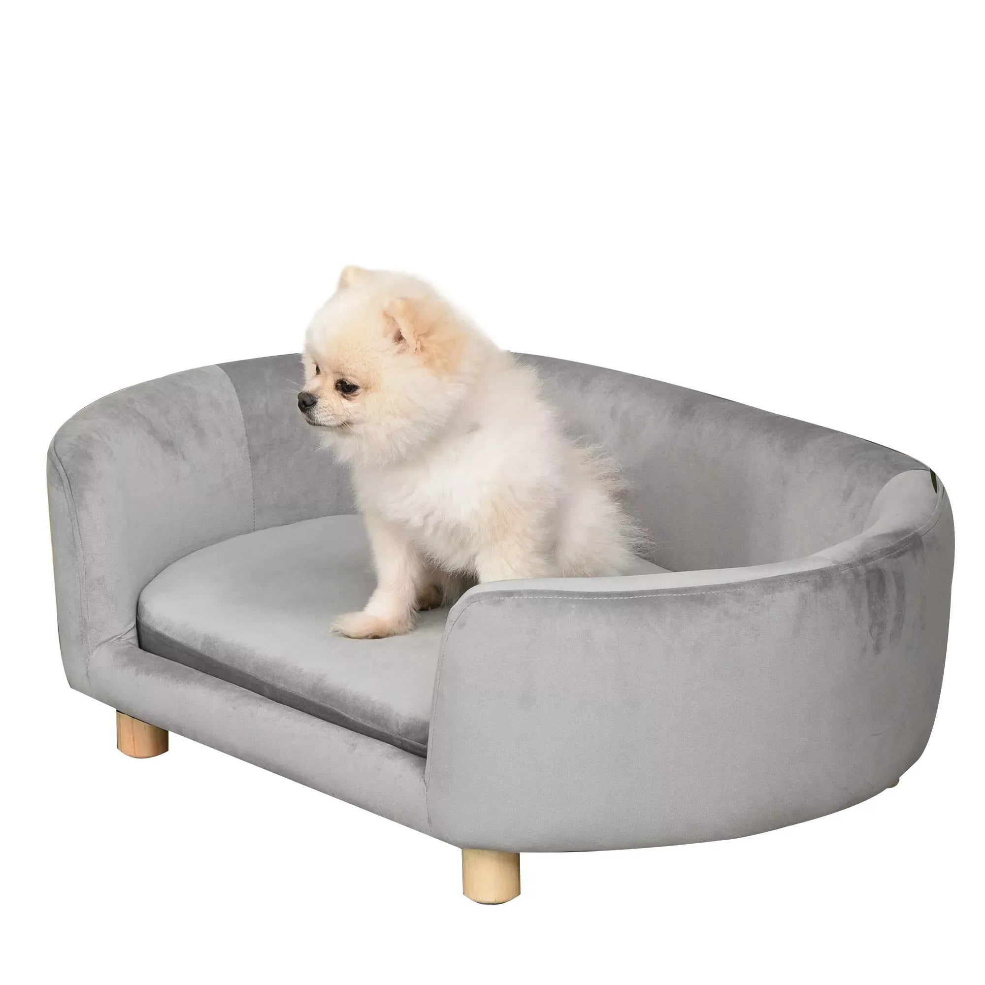 Sofa augintiniams, šunų sofa, šunų lova su olandišku aksomu, putplasčiu ir beržo kojelėmis katėms ir šunims, 86 x 55 x 33 cm, šviesiai pilka