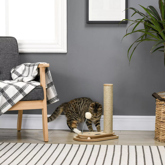 Kaķu skrāpēšanas stabs kaķēniem ar rotaļlietu, bumbu trasi, atsperes bumbu, 35 cm x 23 cm x 40 cm, dabīgs