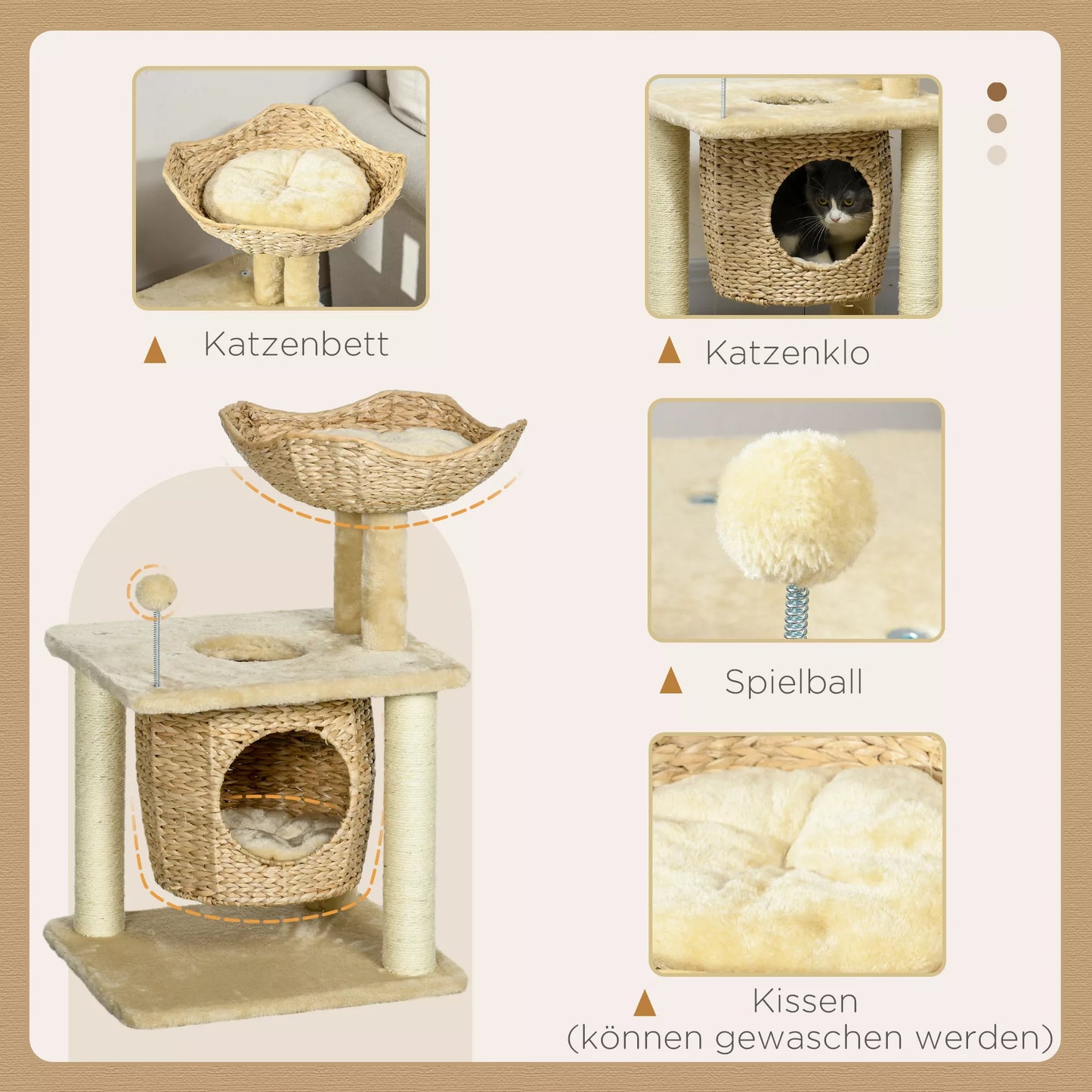 Cat scratching post with cat bed, resting platform, play ball, 45x40x74cm, beige