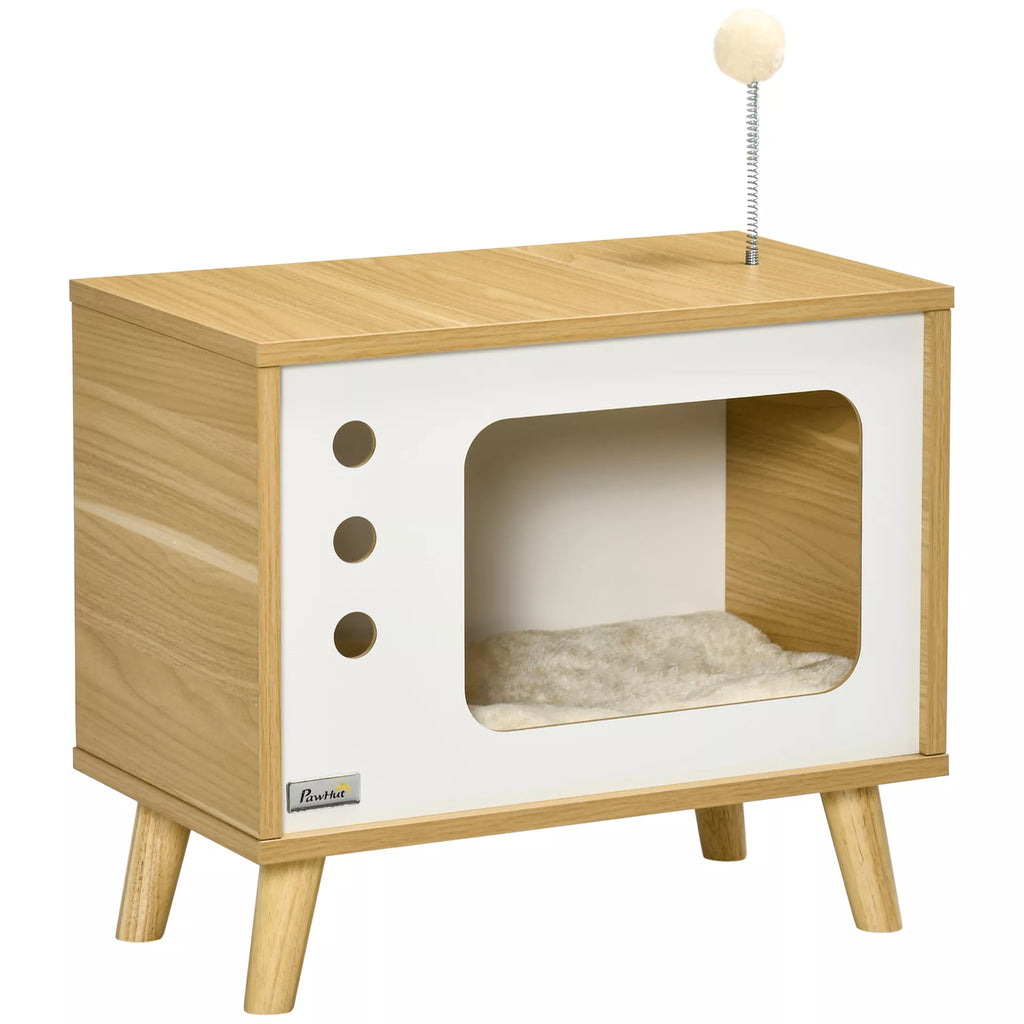Katės namelis TV dizaino, su žaislu, skalbiama pagalvėle, 50 cm x 28 cm x 43 cm, Ąžuolas + smėlio + baltos spalvos