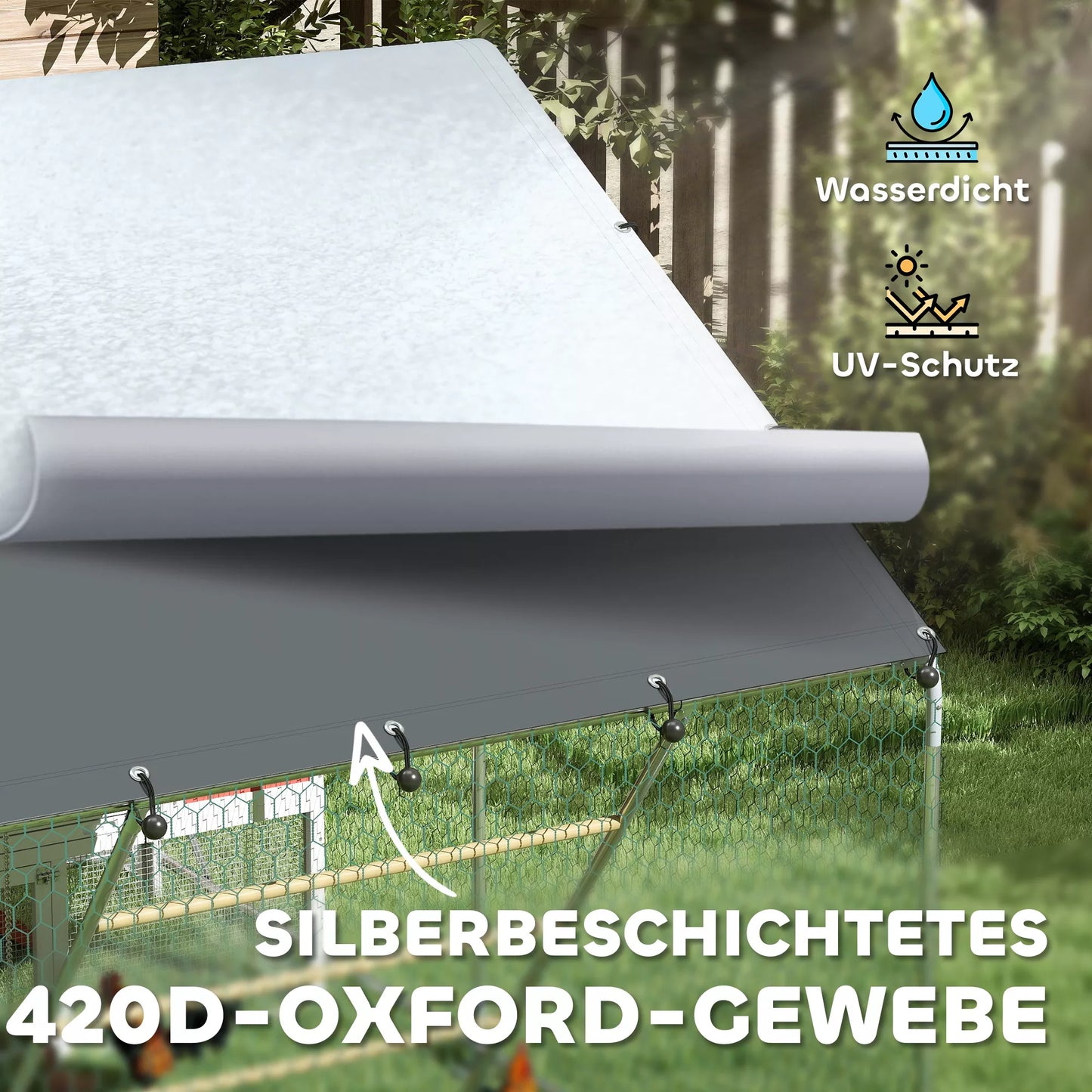 Vištidė, lauko aptvaras vištoms, su UV atspariu tentu, plieniniu tinklu, automatiniu lesintuvu, 6-8 vištoms