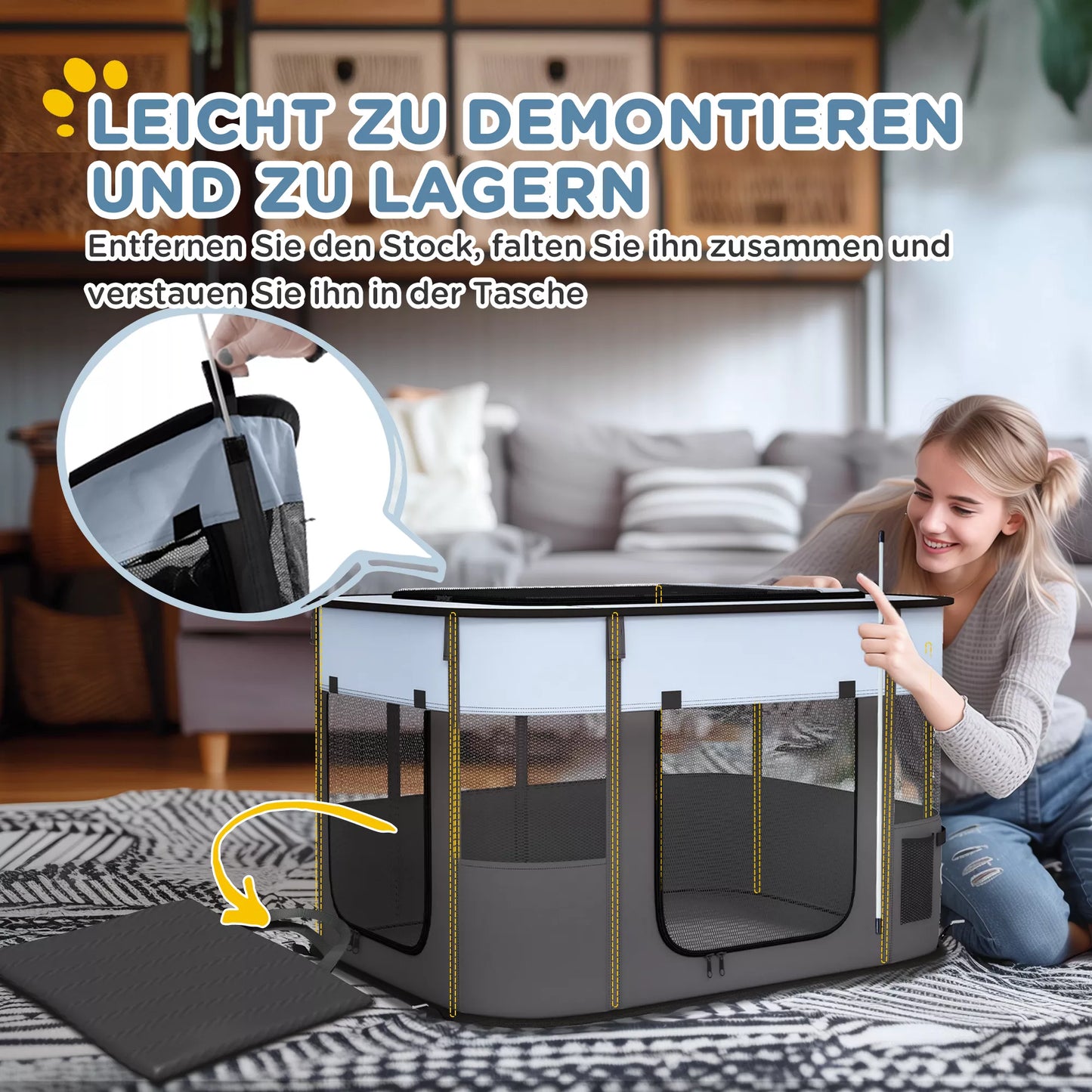 PawHut žaidimų aptvaras naminiams gyvūnėliams, sulankstomas, su laikymo krepšiu, šuniukams ir kačiukams, viduje ir lauke, pilkos spalvos