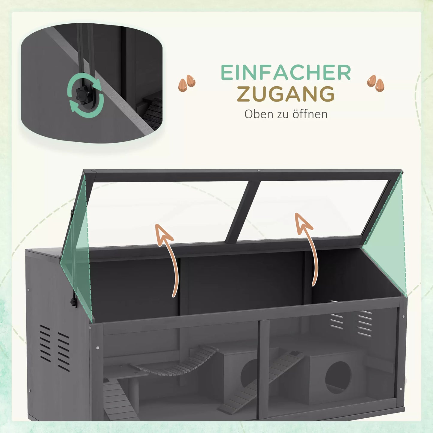 Mazu dzīvnieku un grauzēju būris ar aksesuāriem, egles koks, 100 cm x 52 cm x 50 cm, pelēks