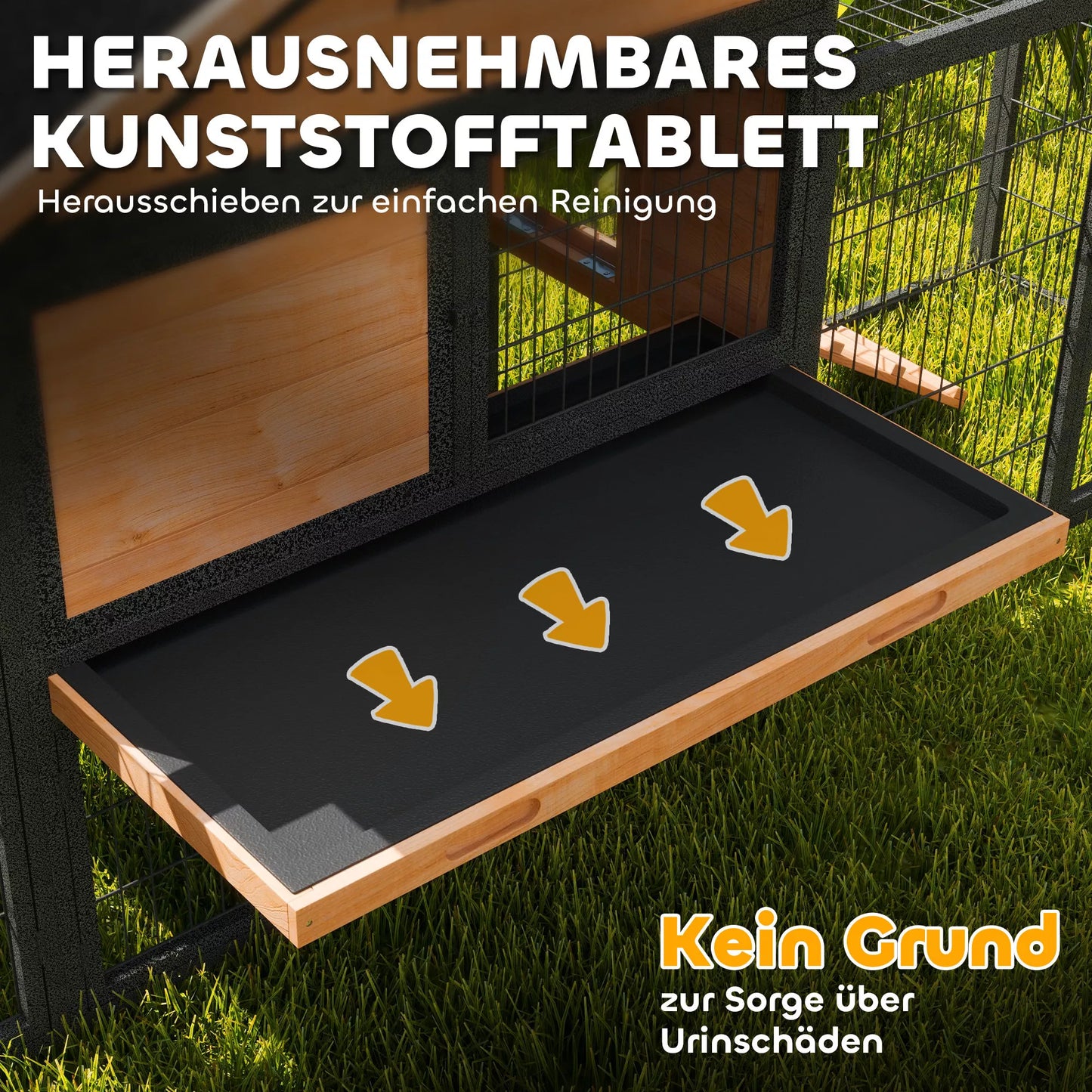 Dviejų aukštų triušidė iš medžio masyvo, atspari žiemai, su lauko aptvaru, 217x53x86 cm, Geltona