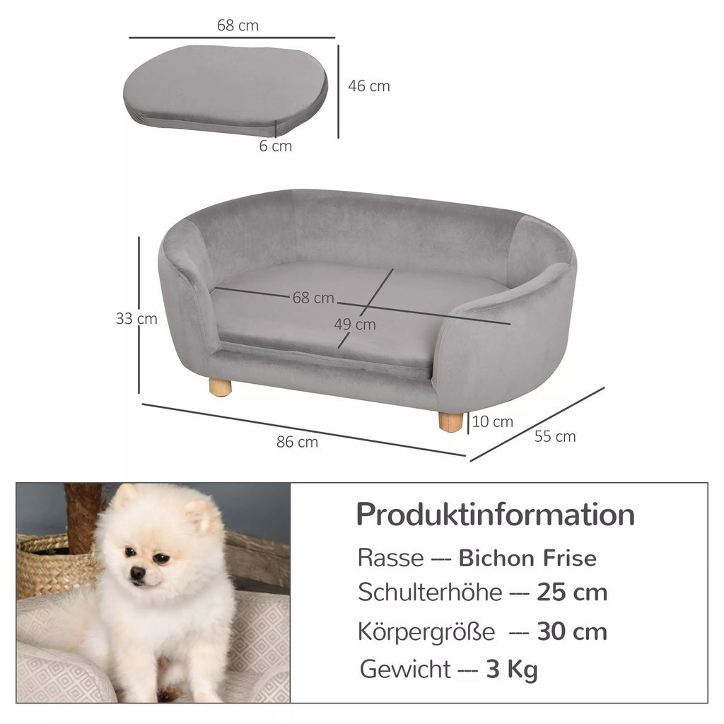 Sofa augintiniams, šunų sofa, šunų lova su olandišku aksomu, putplasčiu ir beržo kojelėmis katėms ir šunims, 86 x 55 x 33 cm, šviesiai pilka