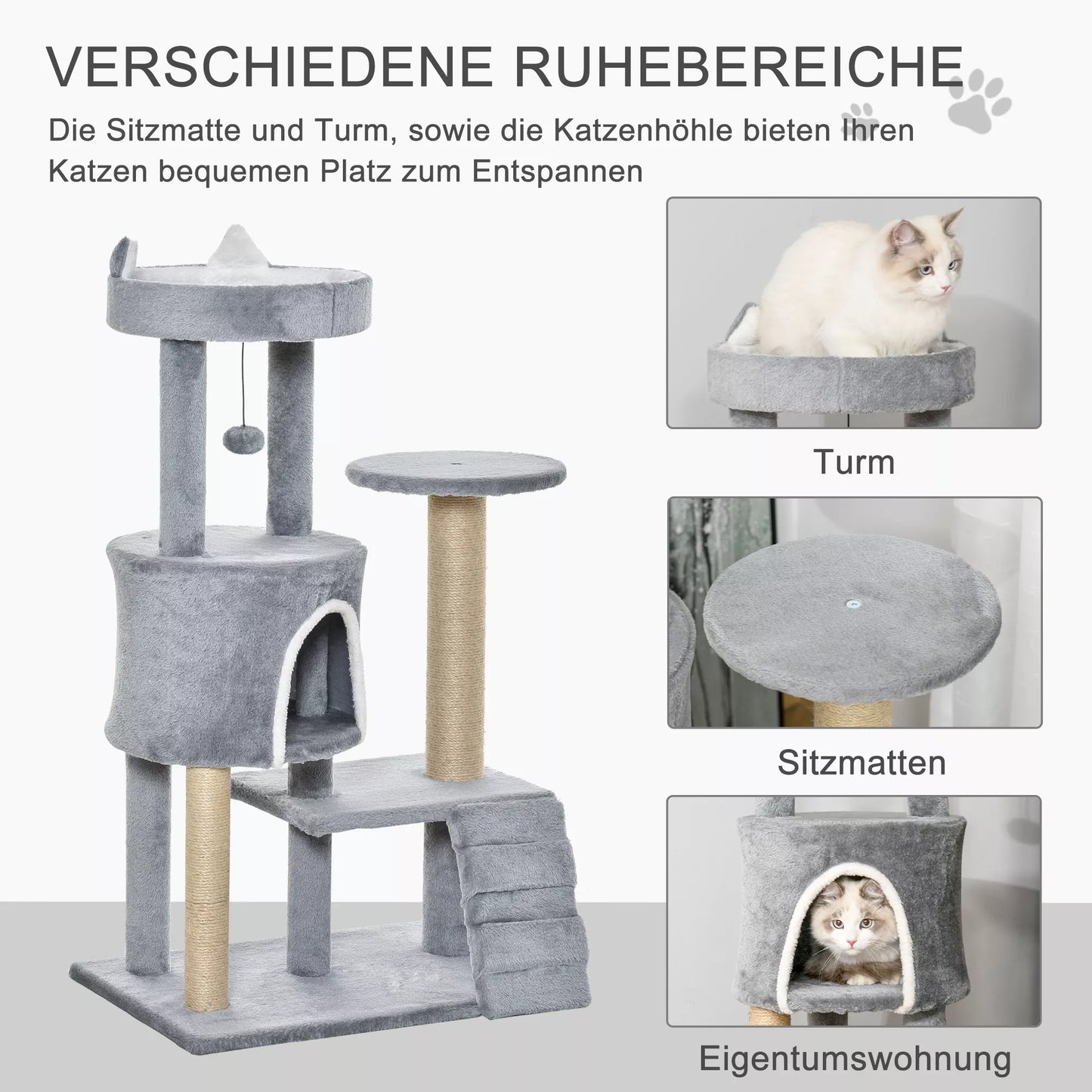 Katės draskyklė su kačių ola, kopėtėlėmis, aukštis 100 cm, medelis katėms, medžio drožlių plokštė, džiutas, pilkos spalvos, 60 x 40 x 100 cm