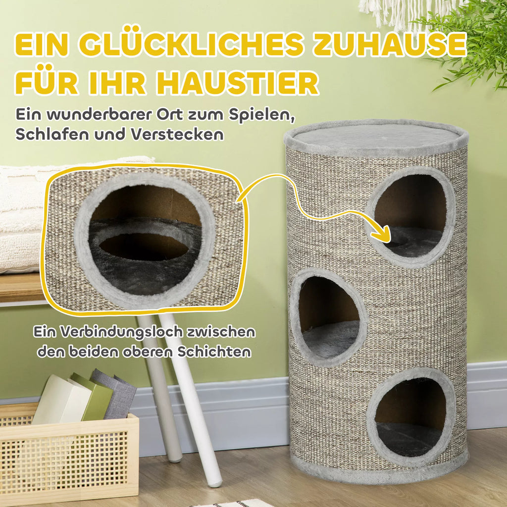 Kaķu skrāpējamais stabs ar 3 līmeņiem, ieskaitot sizala virves skrāpējamo virsmu, kaķu skrāpējamais stabs, 38 cm x 38 cm x 70 cm, gaiši pelēks