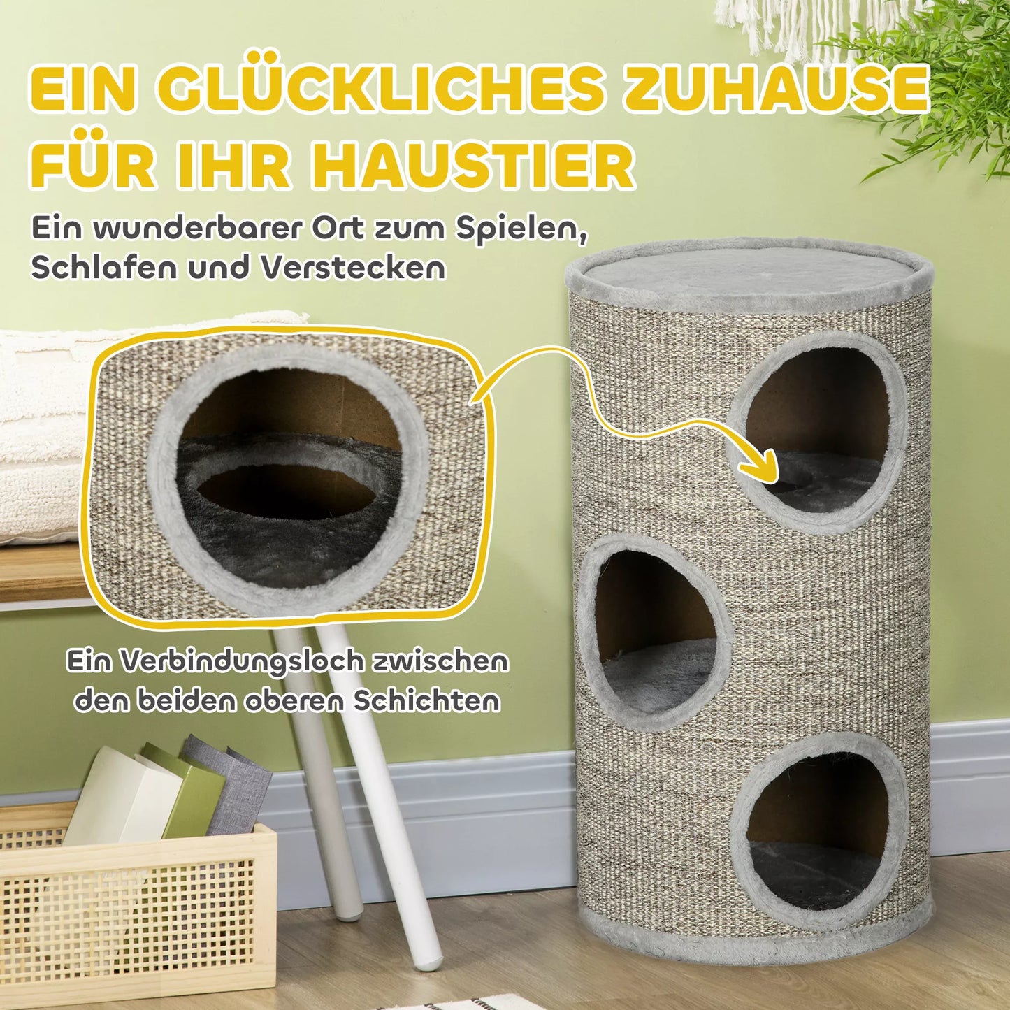 Kaķu skrāpējamais stabs ar 3 līmeņiem, ieskaitot sizala virves skrāpējamo virsmu, kaķu skrāpējamais stabs, 38 cm x 38 cm x 70 cm, gaiši pelēks