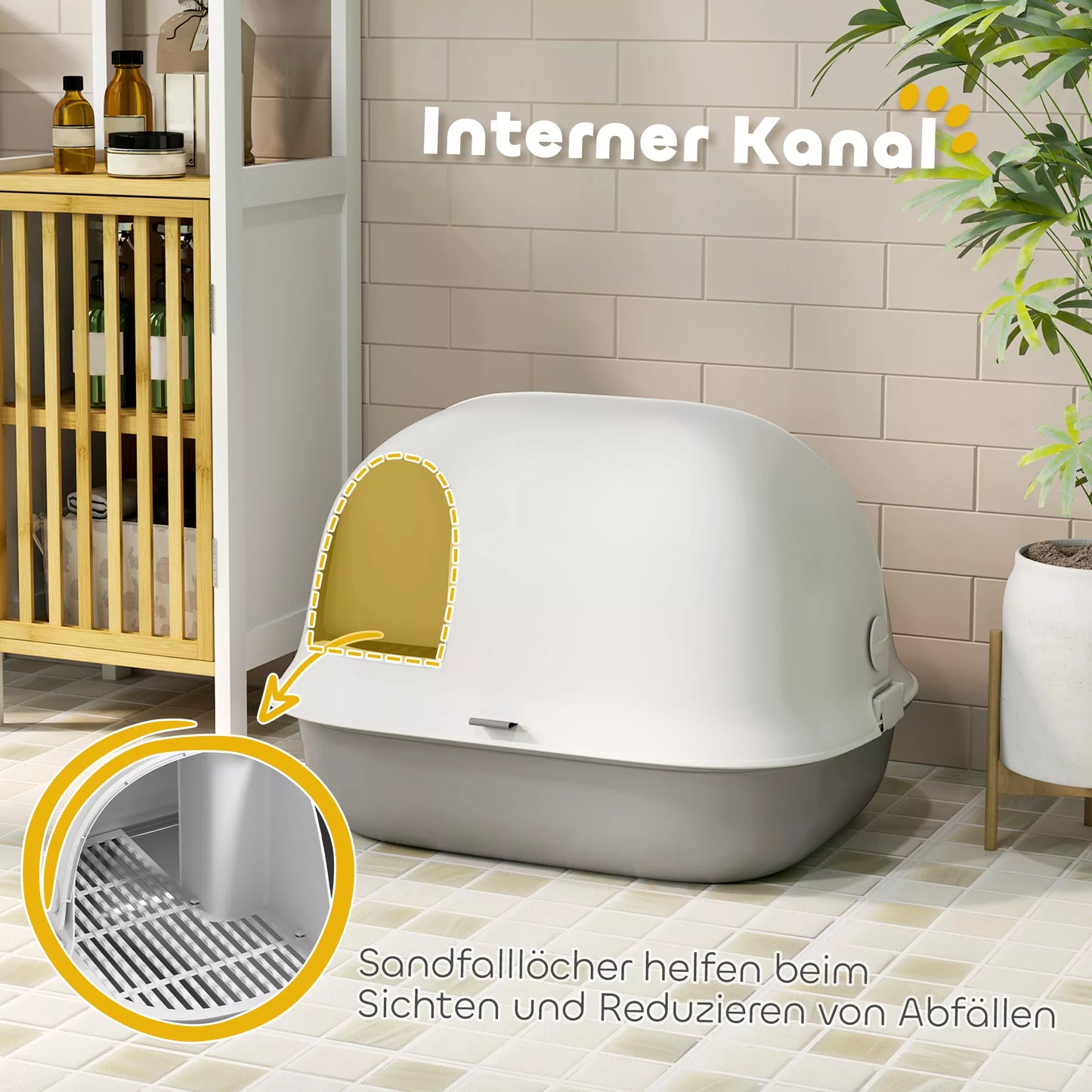 Kaķu pakaišu kaste ar vāku un iekšējo renni, durvīm, kausiņu, viegli tīrāma, plastmasa, gaiši pelēka