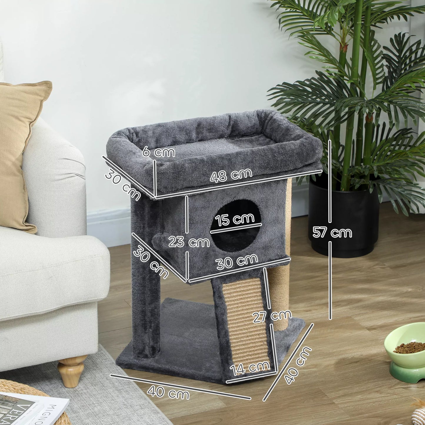 Kaķu māja ar džutas skrāpējamo stabu, guļamplatforma, rotaļu bumba, kaķu mājiņa, bēša, 40 x 40 x 57 cm