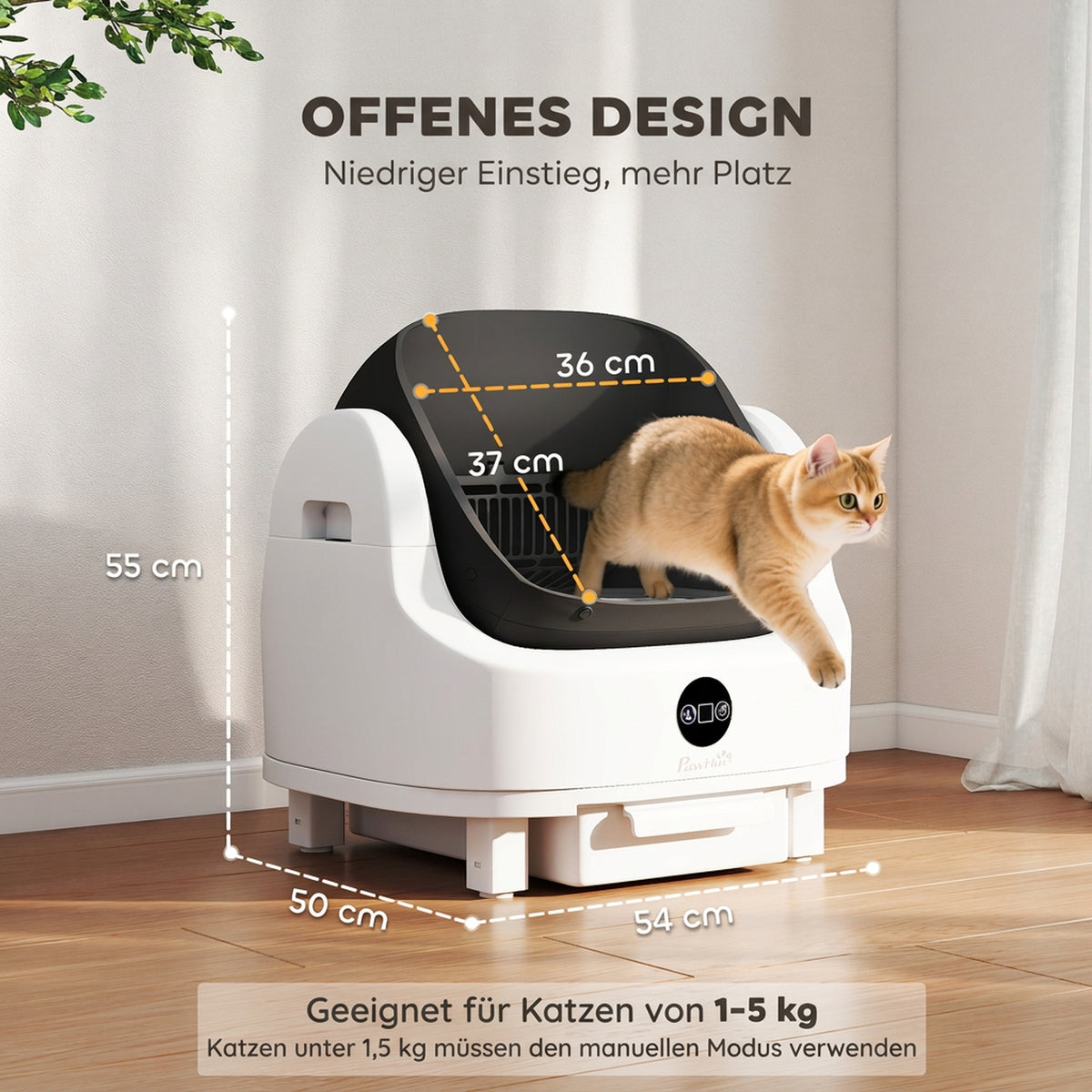 Savaime išsivalantis kačių tualetas, atviras, su 8 l atliekų dėže ir kvapikliu, katėms 1–5 kg, baltas