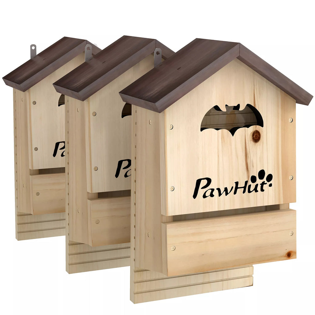3 vnt. rąstinių medinių namelių šikšnosparniams rinkinys Šikšnosparnių namelis, skirtas pakabinti sode, 21,5 x 11,5 x 34 cm