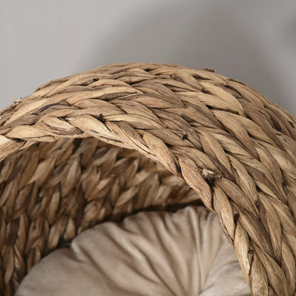 Rattan cat basket, cave, house, bed with cushion, pet bed, water hyacinth, brown, 50 x 42 x 60 cm