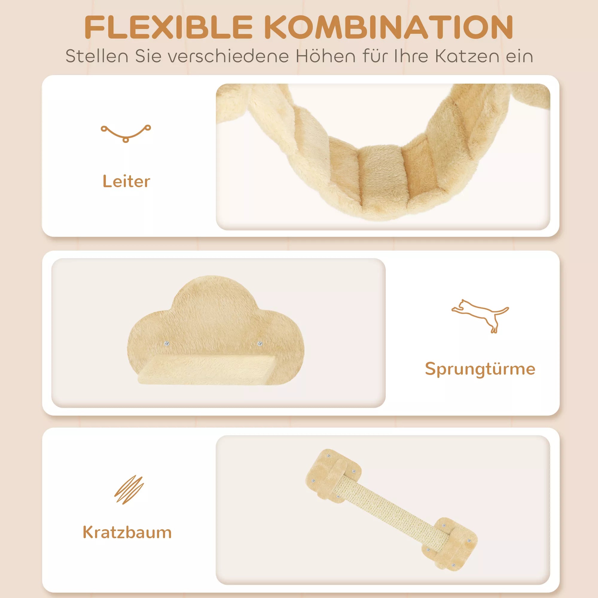 5 daļu kaķu kāpšanas komplekts ar skrāpējamiem stabiem, lēkšanas platformām, kāpnēm, mājiņu, sienas stiprinājumu, bēšs