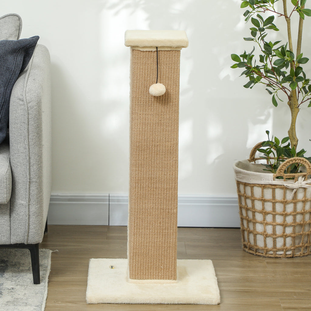Draskyklė 81 cm su džiuto stulpu, pliušu ir kabančiu kamuoliuku, katėms iki 5 kg, smėlio spalvos