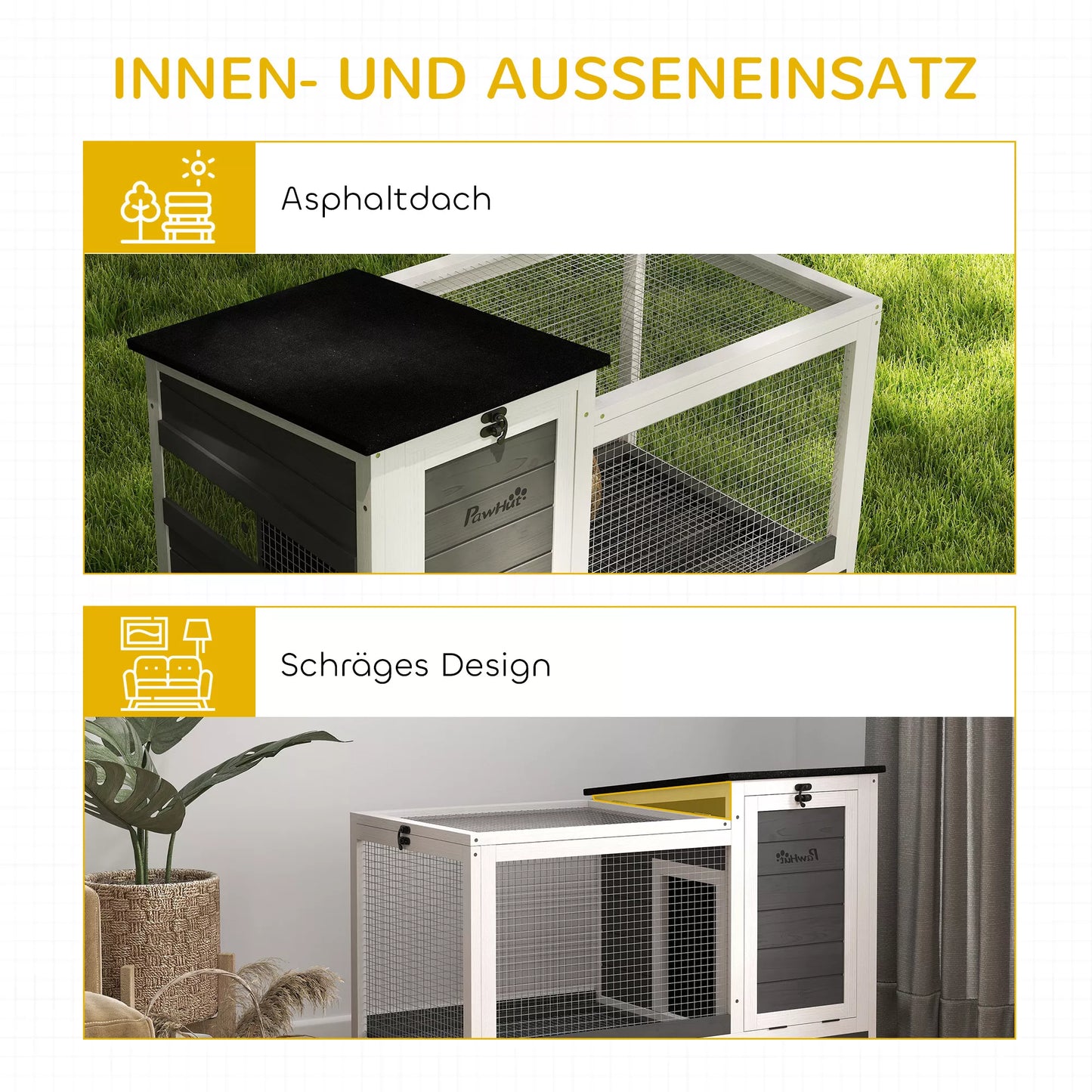 Medinė triušidė su lauko aptvaru, ratukais ir atlenkiamu stogu, skirta naudoti viduje ir lauke, 92 x 52 x 67 cm, tamsiai pilka