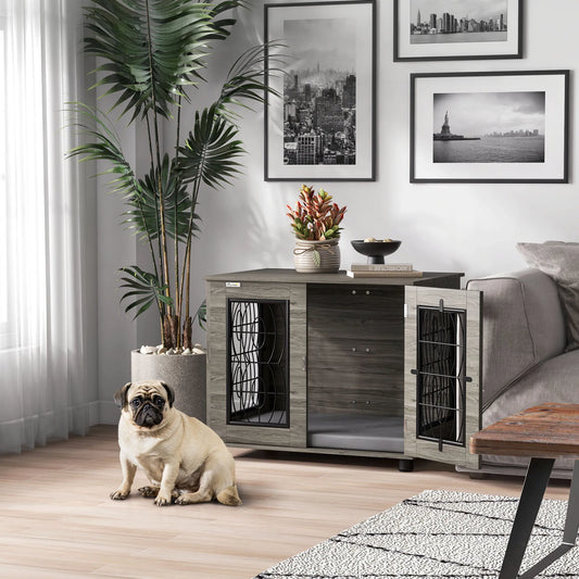 Suņu būris ar guļampaklājiņu, līdz 20 kg/50 cm ķermeņa garumam, metāla, 80x56x63 cm, pelēks/koka raksts