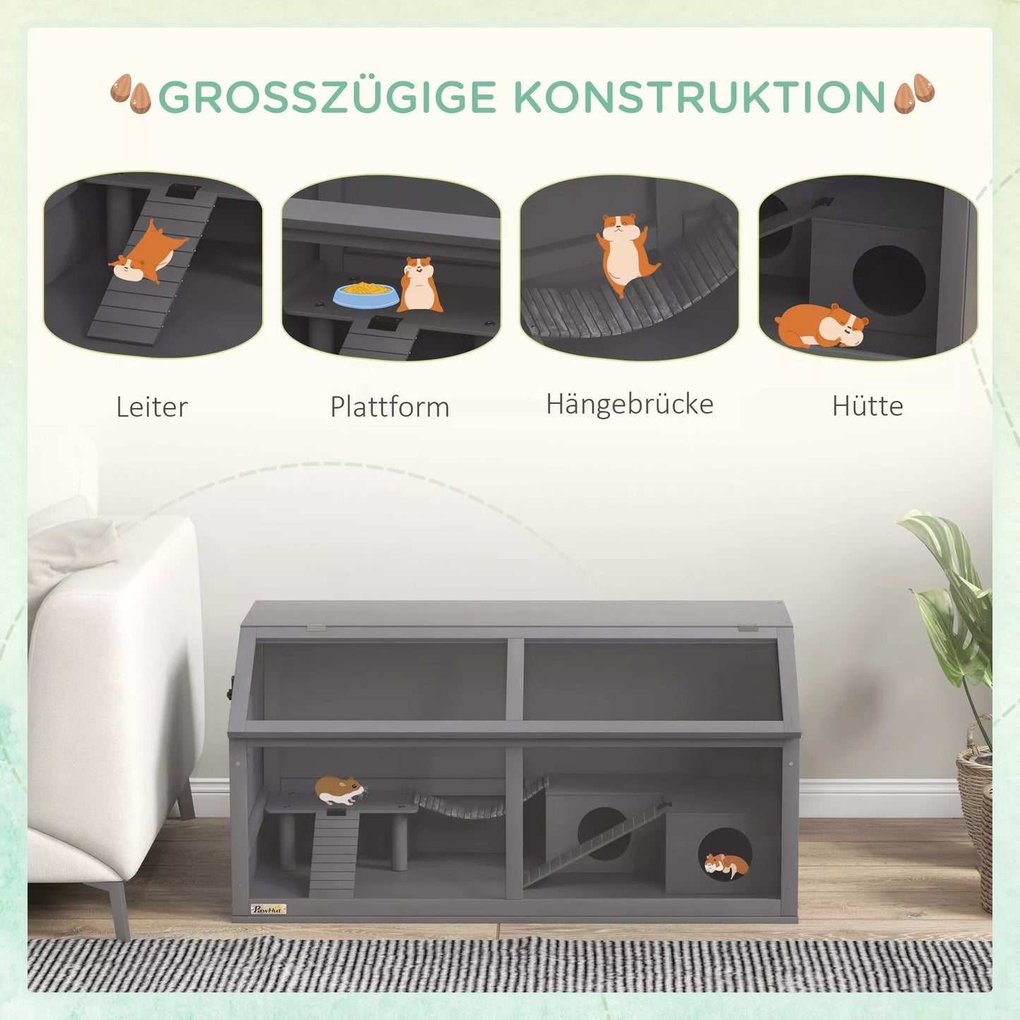 Mazu dzīvnieku un grauzēju būris ar aksesuāriem, egles koks, 100 cm x 52 cm x 50 cm, pelēks