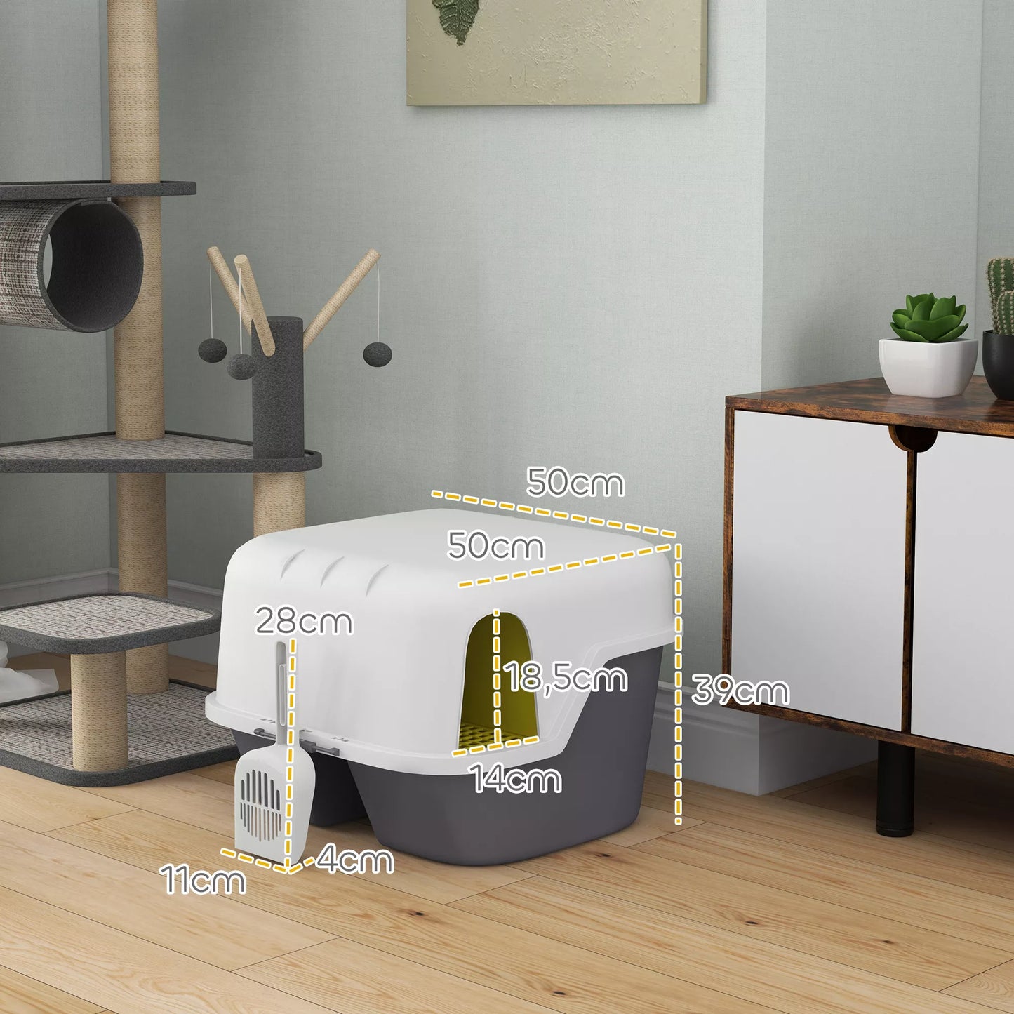 Kaķu tualete, kaķu kaste ar vāku un kausiņu, viegli tīrāma, aizslēdzama, balta