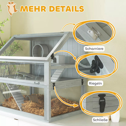 Koka māja kāmīšiem, 3 stāvu ar lielu dibenu, noņemamiem līmeņiem, maziem dzīvniekiem, 80x50x76cm, gaiši pelēka