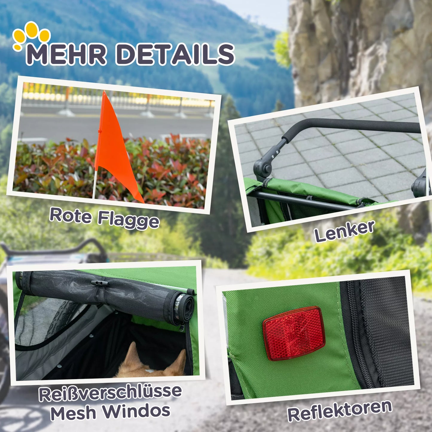 PawHut 2-in-1 šunų vežimėlis, šunų dviračio priekaba, sulankstomas, atsparus oro sąlygoms, šunims iki 20 kg, žalias