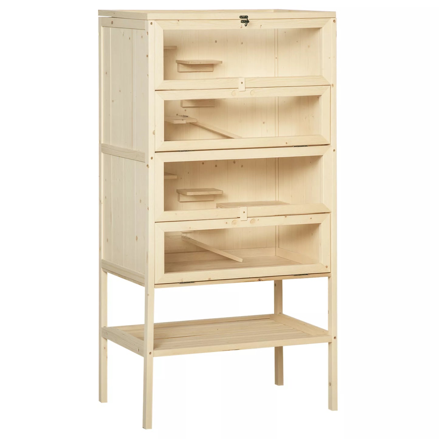 Medinis žiurkėno narvas 5 aukštų, graužikų narvas, mažų gyvūnėlių narvas su tinklelio stogu ir rampos, medinis narvas, didelis pelių narvas, narvas žiurkėnams, nykštukiniams žiurkėnams, 60 x 40 x 120 cm, natūrali mediena