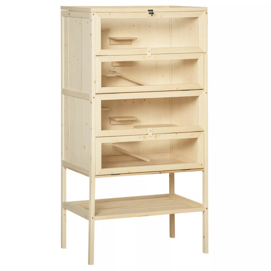 Medinis žiurkėno narvas 5 aukštų, graužikų narvas, mažų gyvūnėlių narvas su tinklelio stogu ir rampos, medinis narvas, didelis pelių narvas, narvas žiurkėnams, nykštukiniams žiurkėnams, 60 x 40 x 120 cm, natūrali mediena