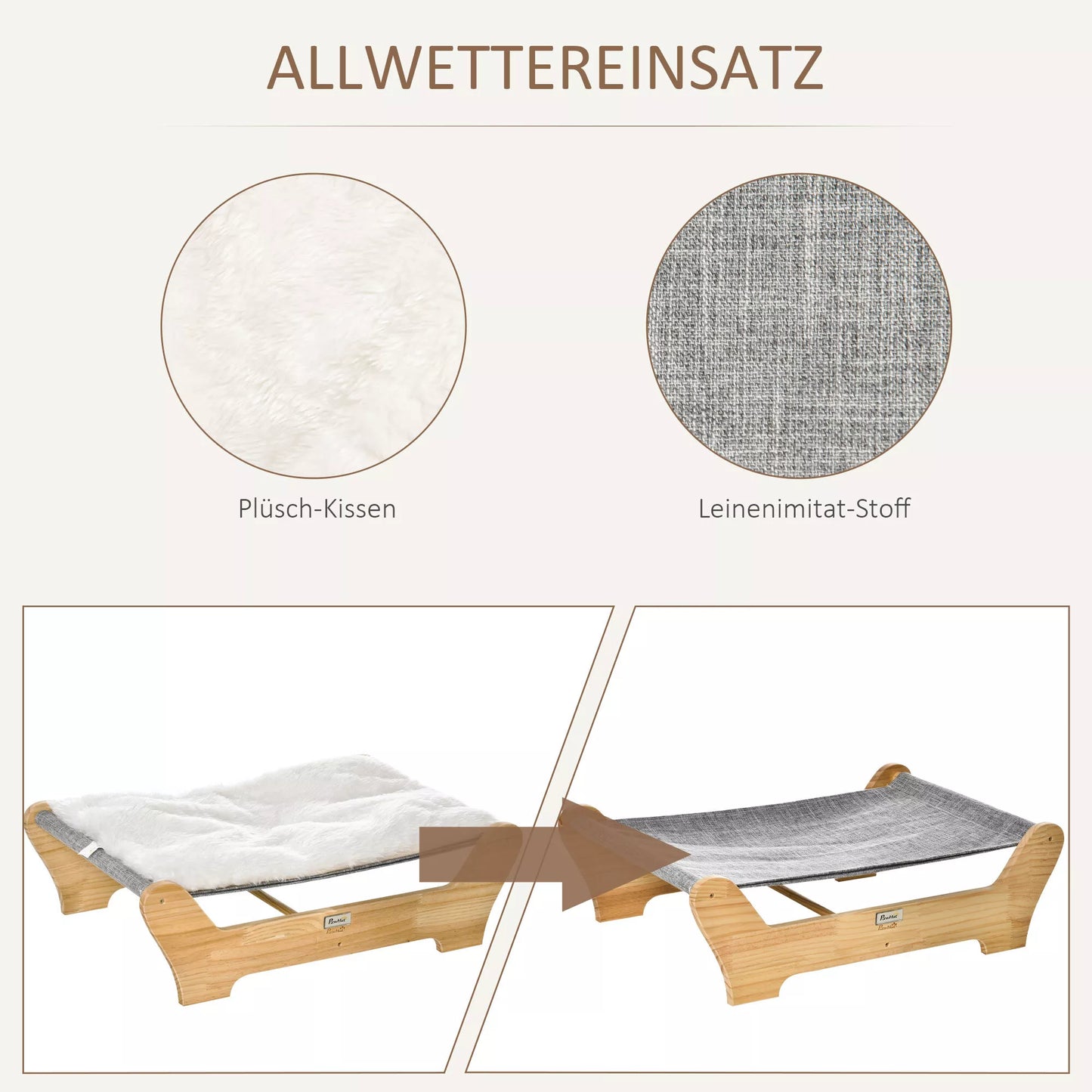 Kaķu šūpuļtīkls ar rāmi, paaugstināta gulta ar mīkstu spilvenu, priedes koks, dabīgs, 68 x 43 x 20 cm