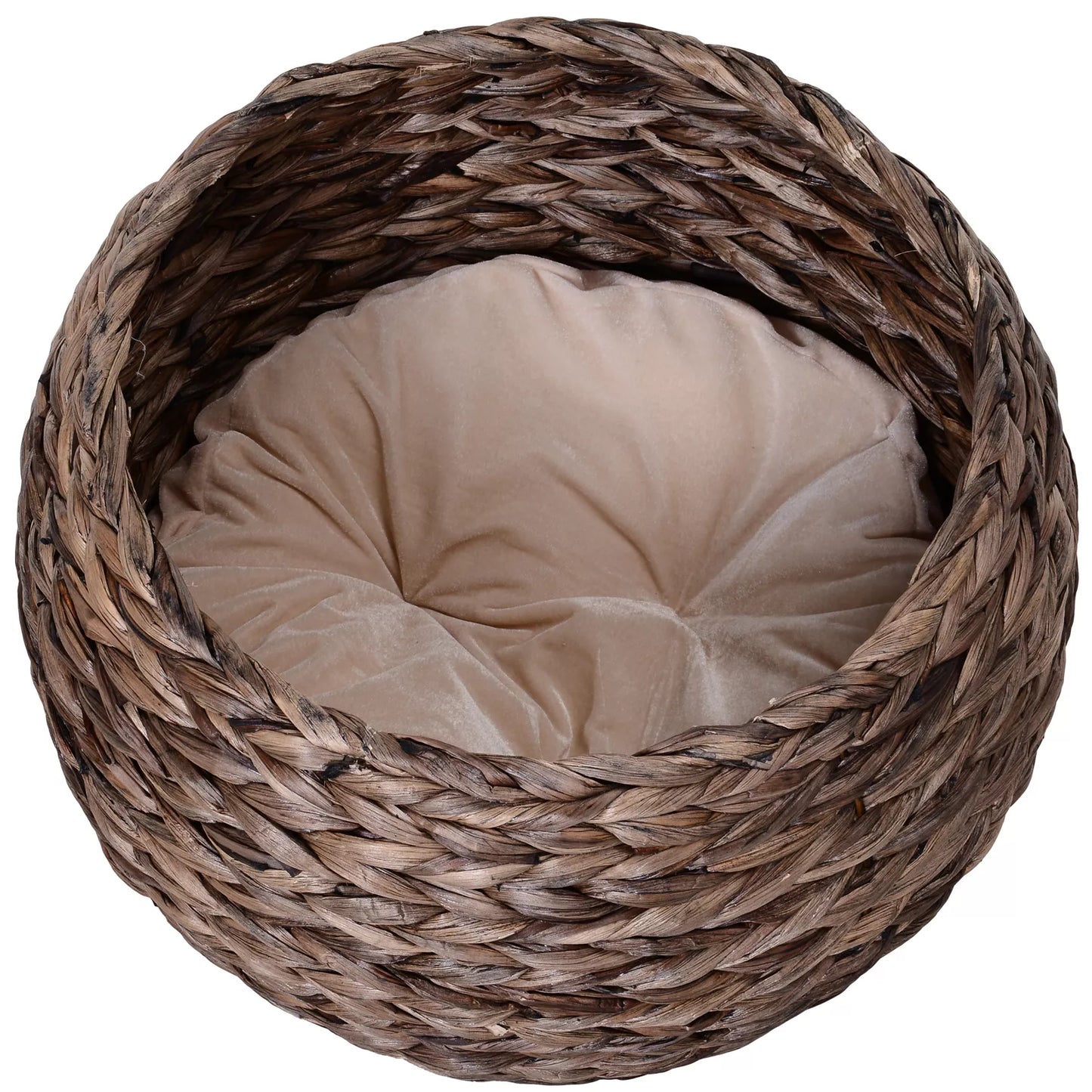 Water hyacinth cat bed with cushion, cat bed, pet bed, 50 cm x 42 cm x 60 cm, Brown + Beige